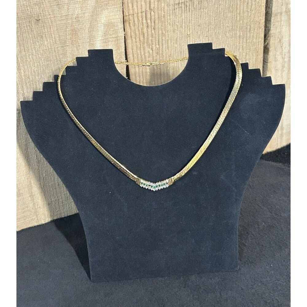 Gold Tone Herringbone 18" Necklace With Green And White Gemstones J165